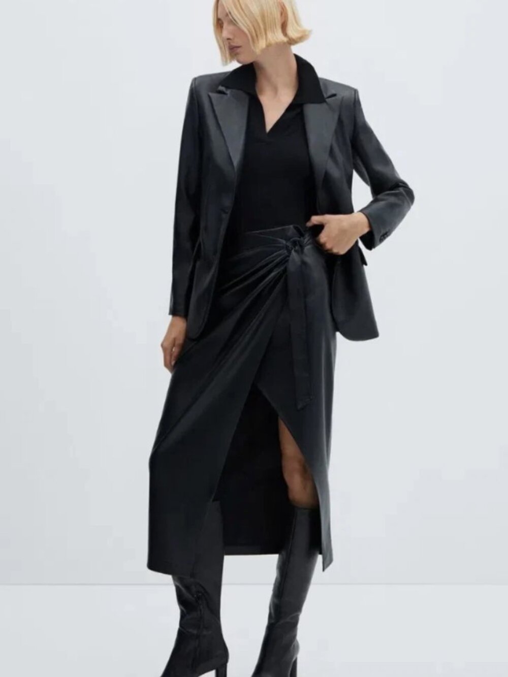 MNG Mango Black Faux Leather Wrap Midi Skirt Knot Detail XS